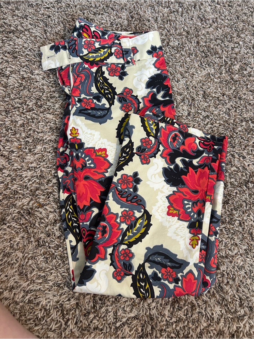 J. Crew Cream Floral CityFit Pants with Red & Gray Accents